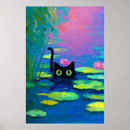 Funny Black Cat Swimming i Pond | Quirky Art Poster