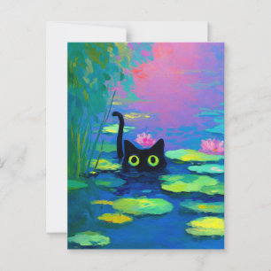 Funny Black Cat Swimming i Pond   Quirky Art Vykort