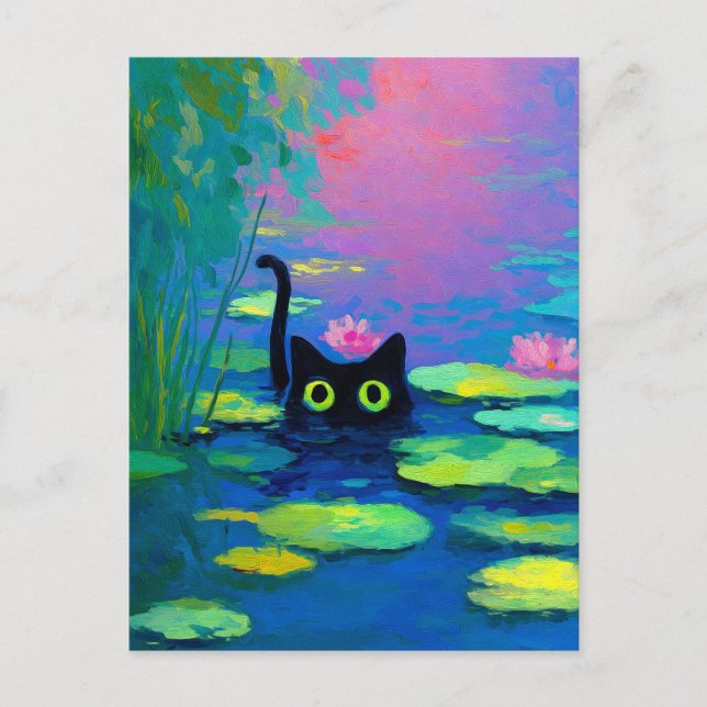Funny Black Cat Swimming i Pond | Quirky Art Vykort (Framsida)