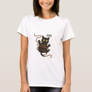 Funny Black Cat Tangled i Rope - Cute Tecknad T-S T Shirt