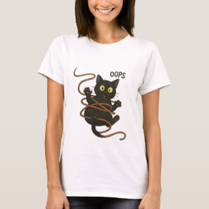 Funny Black Cat Tangled i Rope - Cute Tecknad T-S T Shirt