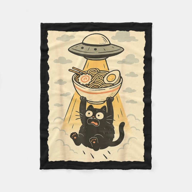Funny Black Cat Ufo Ramen Alien Abduction Graphic  Fleecefilt (Framsidan)