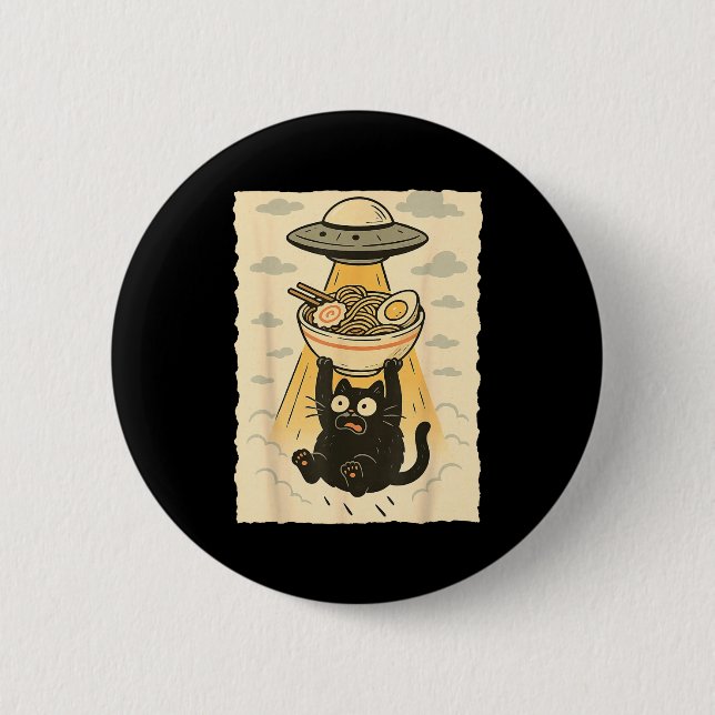 Funny Black Cat Ufo Ramen Alien Abduction Graphic  Knapp (Framsida)