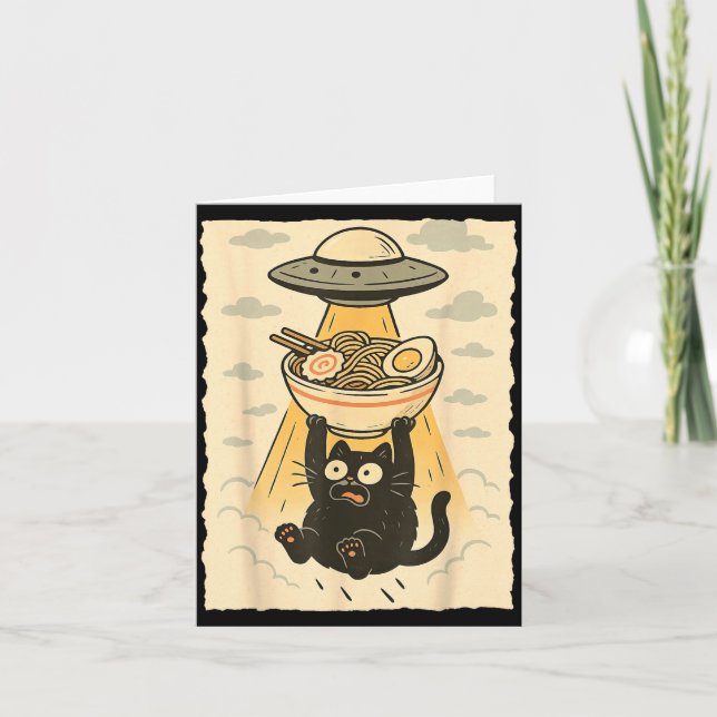 Funny Black Cat Ufo Ramen Alien Abduction Graphic  Kort (Framsida)