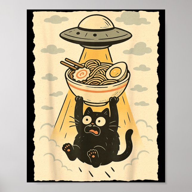 Funny Black Cat Ufo Ramen Alien Abduction Graphic  Poster (Framsidan)