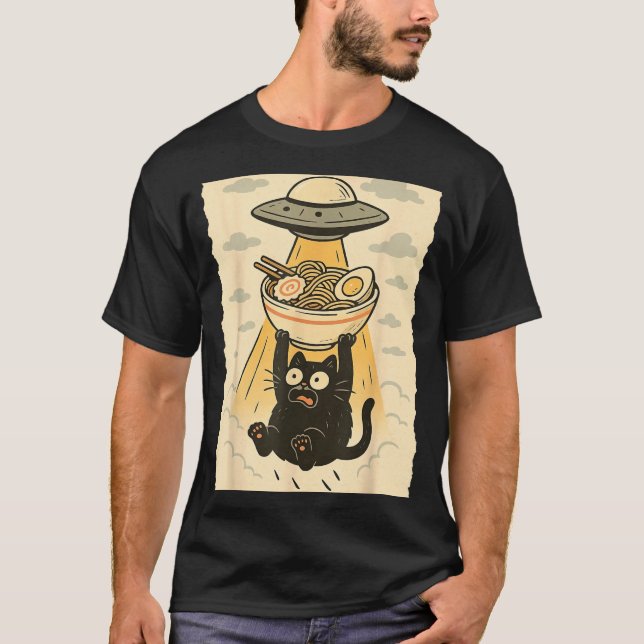 Funny Black Cat Ufo Ramen Alien Abduction Graphic  T Shirt (Framsida)