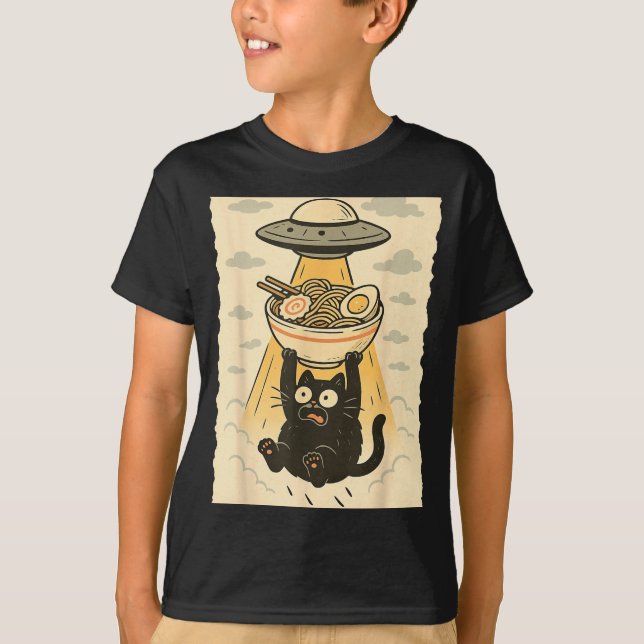 Funny Black Cat Ufo Ramen Alien Abduction Graphic  T Shirt (Framsida)