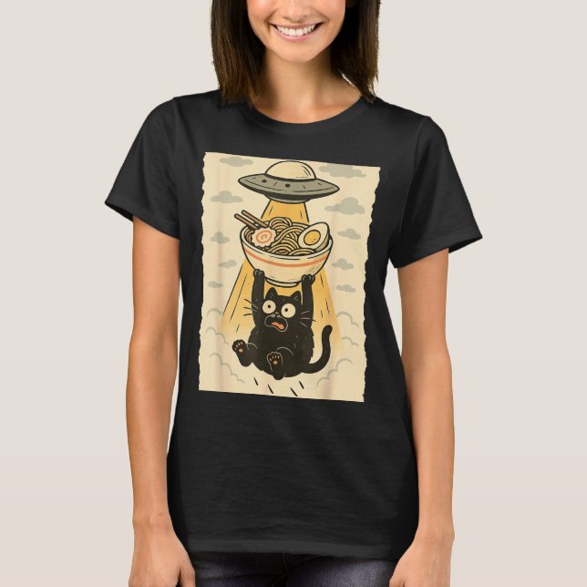 Funny Black Cat Ufo Ramen Alien Abduction Graphic  T Shirt (Framsida)