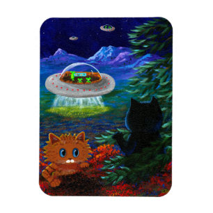 Funny Black Cat UFO Tabby katt Flies Saucer Magnet