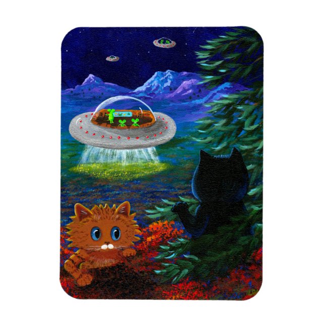 Funny Black Cat UFO Tabby katt Flies Saucer Magnet (Vertikal)