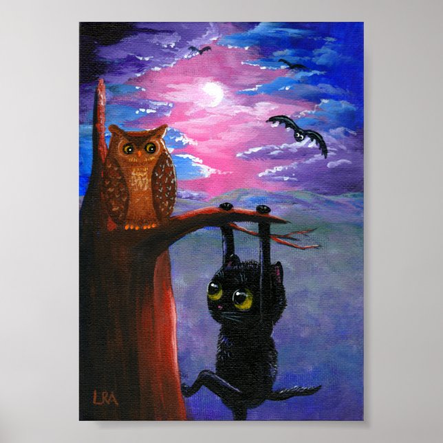 Funny Black Cat Uggla Fall Måne Creationarts Poster (Framsidan)