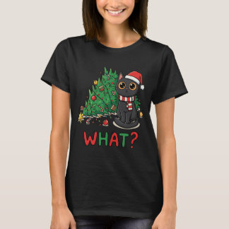 Funny Black Cat What? Christmas Tree Humor T Shirt