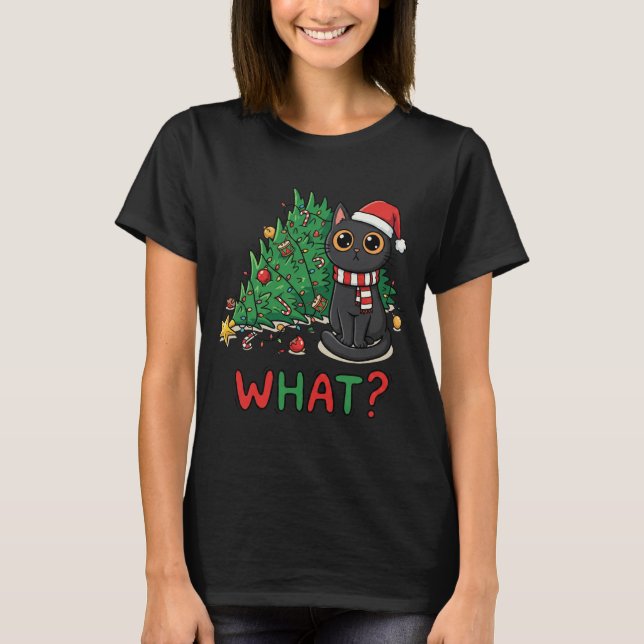 Funny Black Cat What? Christmas Tree Humor T Shirt (Framsida)