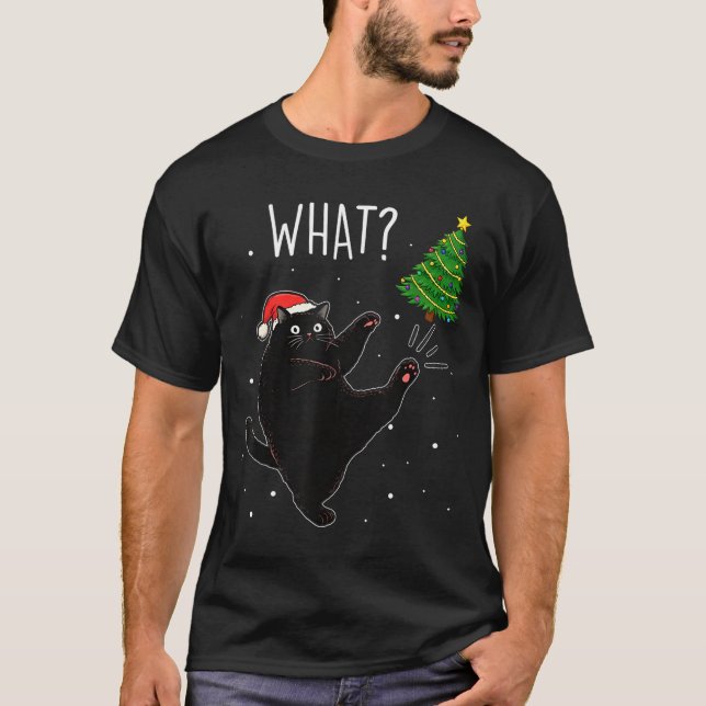 Funny Black Cat What_ Christmas Tree Meme Xmas Men T Shirt (Framsida)