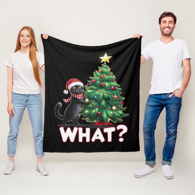Funny Black Cat What Xmas Christmas Tree Fleecefilt (På plats)