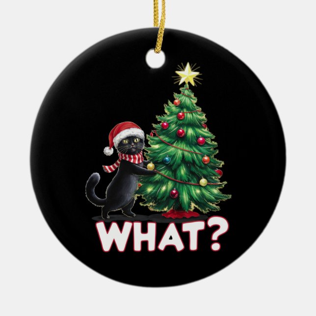 Funny Black Cat What Xmas Christmas Tree Julgransprydnad Keramik (Framsidan)