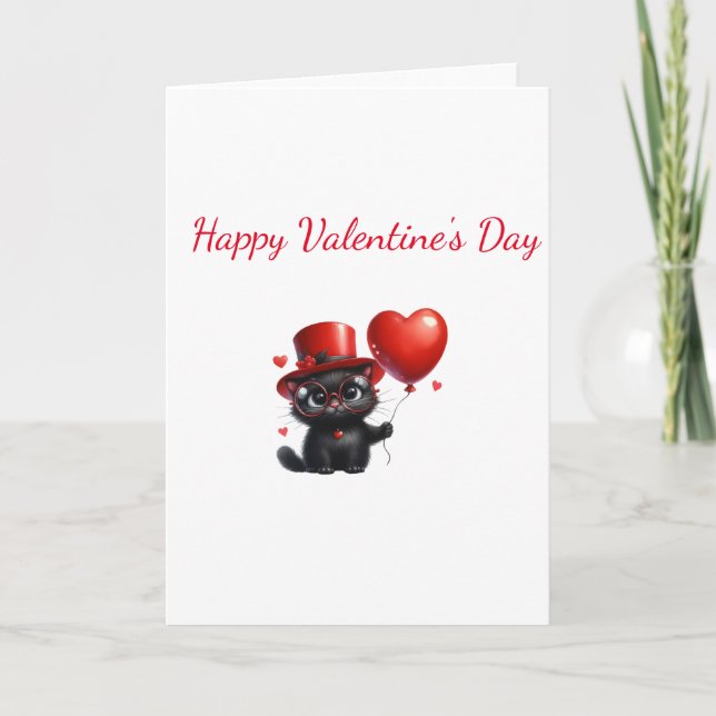 Funny Black Cat With Balloons Valentine's Day Kort (Framsida)