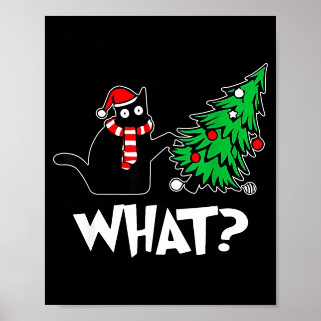 Funny Black Cat Xmas Pushing Christmas Tree Over C Poster (Framsidan)