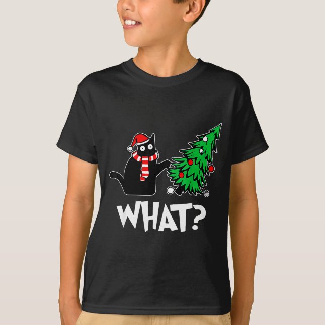 Funny Black Cat Xmas Pushing Christmas Tree Over C T Shirt (Framsida)