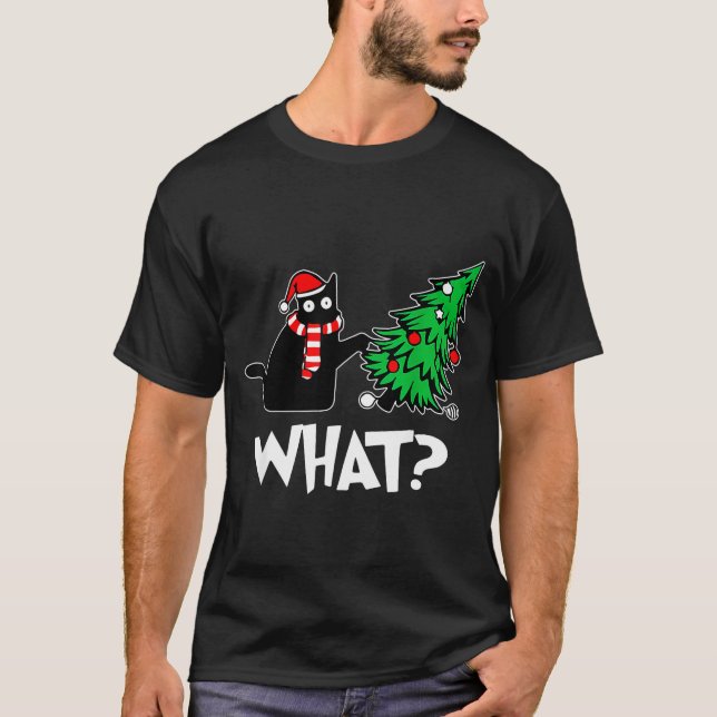 Funny Black Cat Xmas Pushing Christmas Tree Over C T Shirt (Framsida)