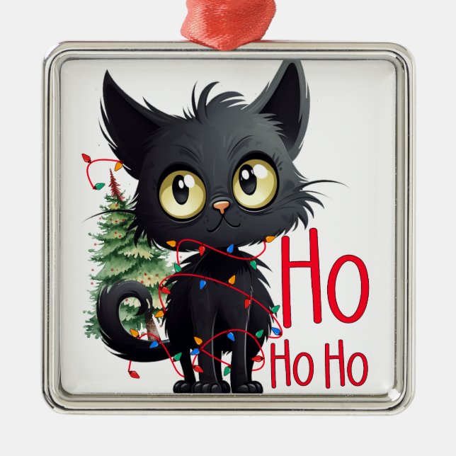 FUNNY BLACK CHRISTMAS CAT MED TRÄD JULGRANSPRYDNAD METALL (Framsidan)