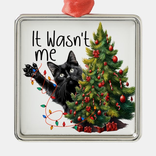 FUNNY BLACK CHRISTMAS CAT MED TRÄD JULGRANSPRYDNAD METALL (Framsidan)