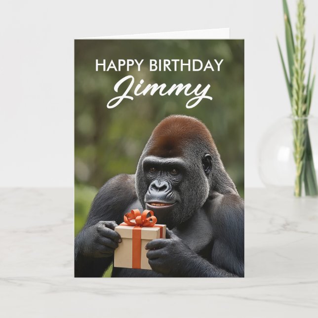 Funny Black Gorilla Holding en Gift Birthday Kort (Framsida)