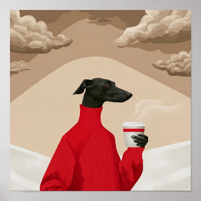 Funny Black Greyhound in Red Sweater Coffee Art Poster (Framsidan)