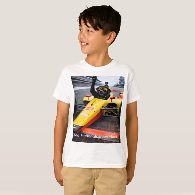Funny Black Lab Puppy Race Car T-Shirt for Kids |  (Hel framsida)