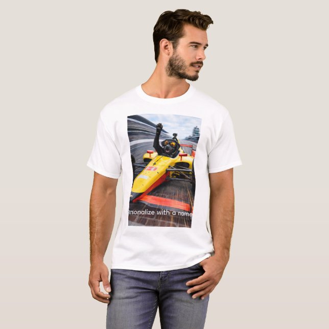 Funny Black Lab Puppy Racing IndyCar T-Shirt |  (Hel framsida)