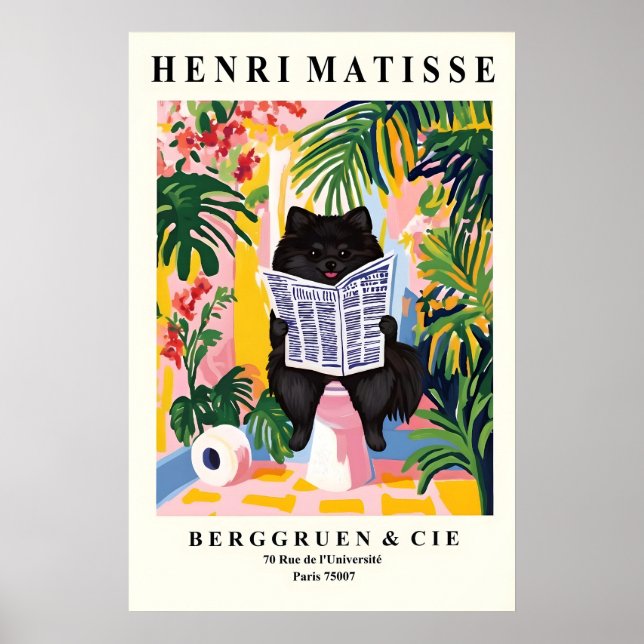 Funny Black Pomeranian Print - Dog on toilet Poster (Framsidan)