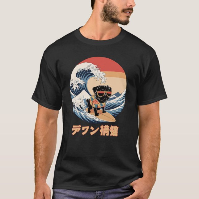 Funny Black Pug Japansk Kanagawa Wave Hund T Shirt (Framsida)