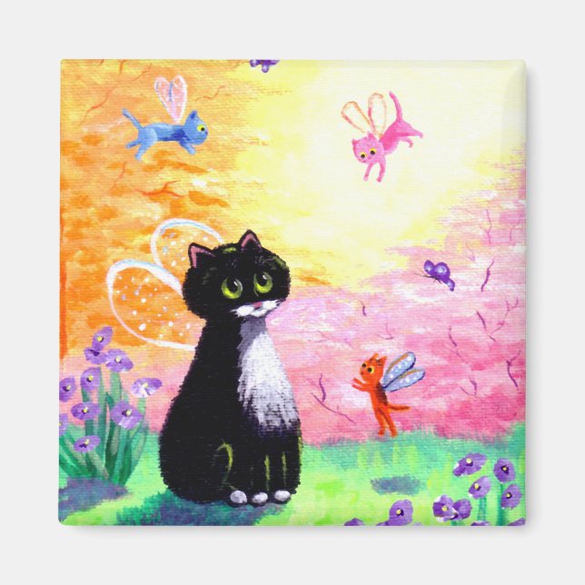 Funny Black Tuxedo Cat Baby Fairy Creationarts Magnet (Framsidan)