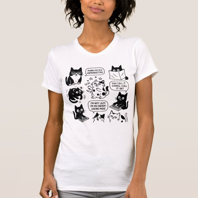 Funny Black & White Cat Mönster T-Shirt (Framsida)