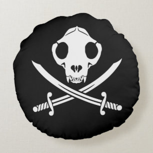 Funny Black White Jolly Kattunge Pirat Skull Bones Rund Kudde