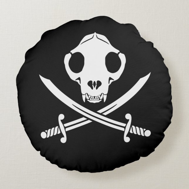 Funny Black White Jolly Kattunge Pirat Skull Bones Rund Kudde (Baksidan)
