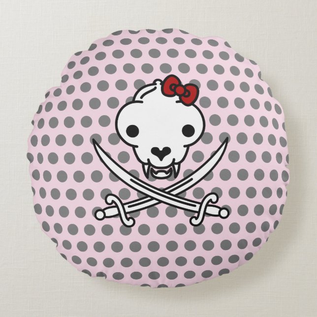 Funny Black White Jolly Kattunge Pirat Skull Bones Rund Kudde (Framsidan)