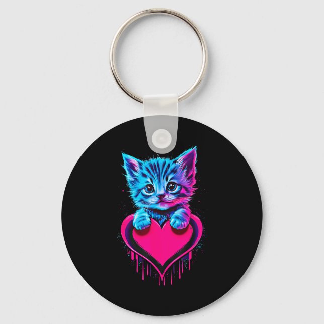 Funny Blacklight Glitch Art Cute Cat Kitten Valent Nyckelring (Framsida)