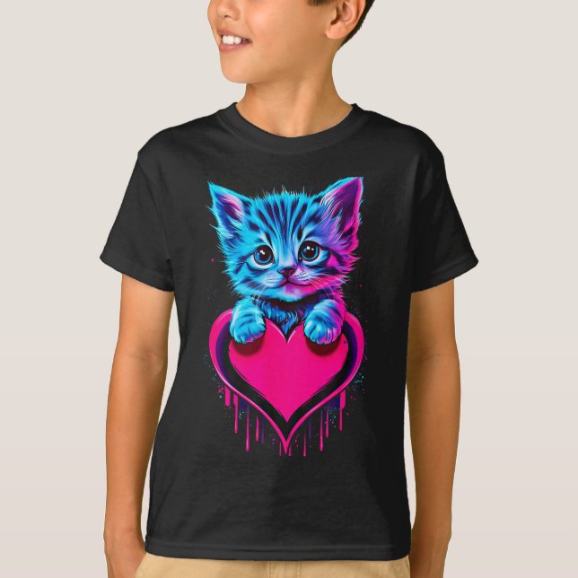 Funny Blacklight Glitch Art Cute Cat Kitten Valent T Shirt (Framsida)