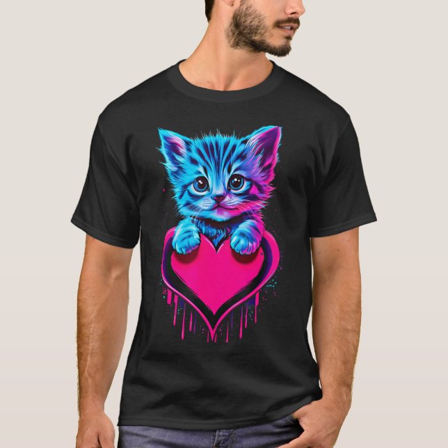 Funny Blacklight Glitch Art Cute Cat Kitten Valent T Shirt (Framsida)