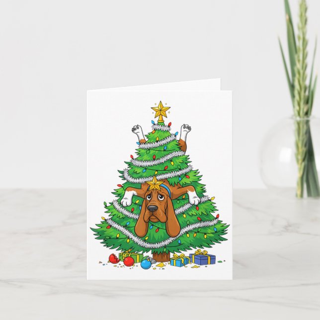 Funny Bloodhound Dog Christmas Tree Lights Kids Me Kort (Framsida)