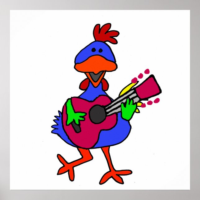 Funny Blue Chicken spelar Lila Guitar Poster (Framsidan)