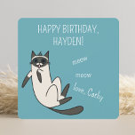 Funny Blue Ögon Siamese Cat Birthday Kort<br><div class="desc">Ett fyrkantigt blått födelsedagskort med meow för en vän eller familj som fyller år,  med en blå illustration av ögon Siamese-katten. Alla texter kan lätt bli personliger med ert eget namn och meddelande. Den söta katten är en originalgrafik som digitalt skapas av artbybiyan.</div>