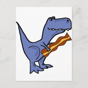 Funny Blue T-rex Dinosaur Eating Bacon Art Vykort