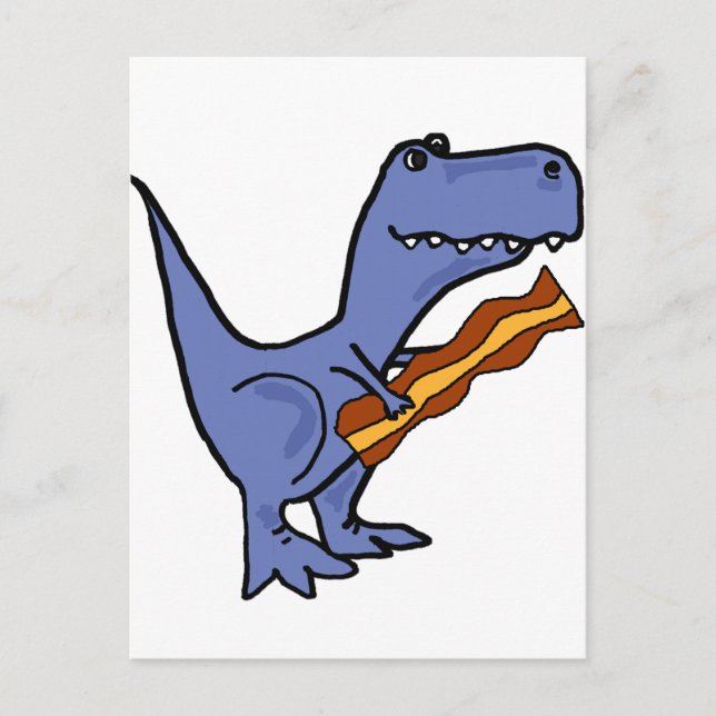 Funny Blue T-rex Dinosaur Eating Bacon Art Vykort (Framsida)