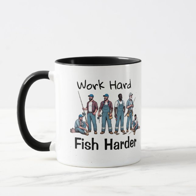 FUNNY Blue/White ''FISH HARDER'' Mugg (Vänster)