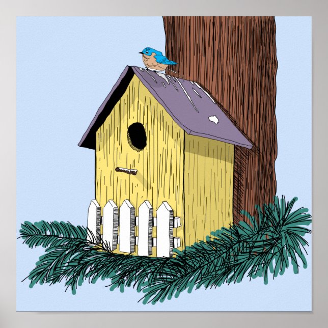 Funny Bluebird på Birdhouse Poster (Framsidan)
