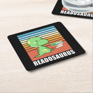 Funny Bok Readosaurus Dinosaur Reading Dino Retro Underlägg Papper Kvadrat