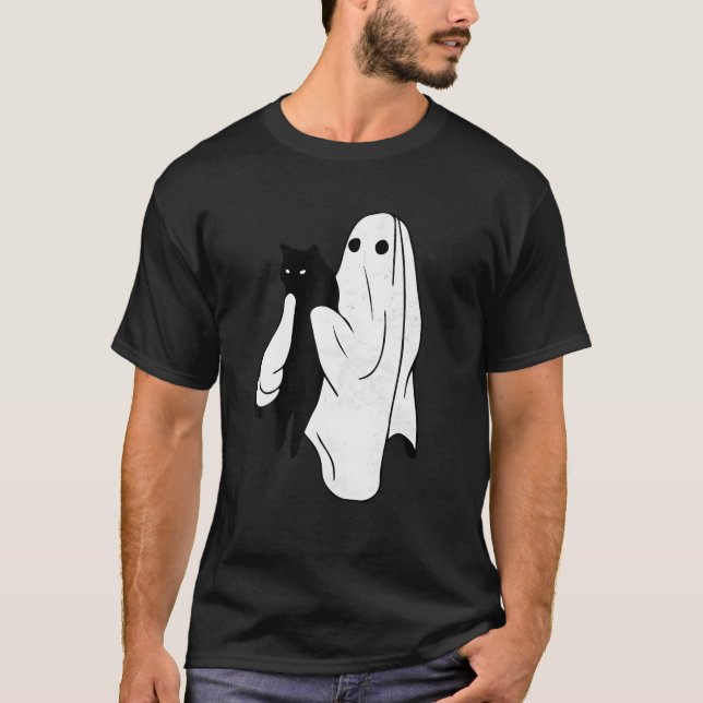 Funny Boo Ghost Holding Black Cat Halloween Spooky T Shirt (Framsida)
