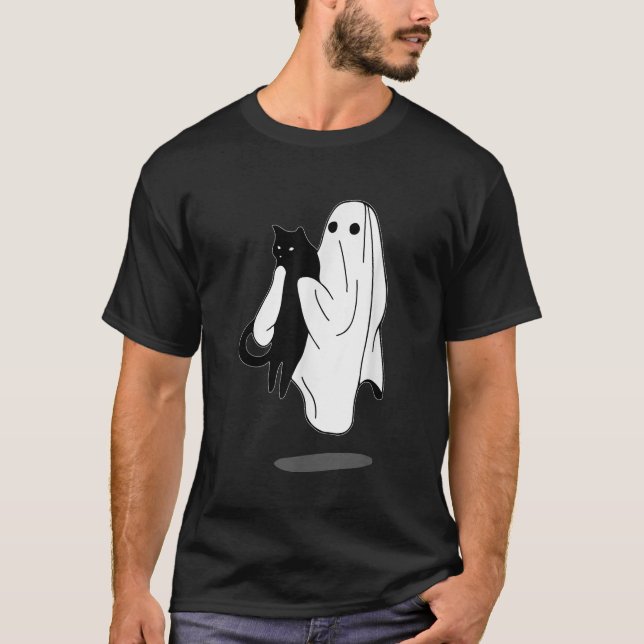 Funny Boo Ghost Holding Black Cat Halloween Spooky T Shirt (Framsida)